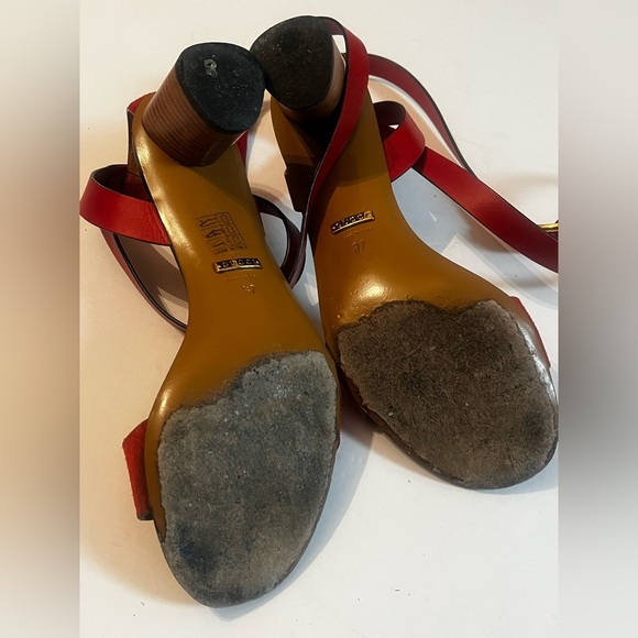 Gucci Authentic 7 US 37 EU Red Orange Leather GG Marmont Sandals Shoes Heels - Picture 5 of 14